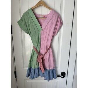 Pink Chicken NY Plaid Dress Pink Color Block V Neck Ruffle Boho Peasant Sz Small